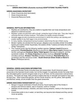 GREEN ANACONDA (Eunectes Murinua) ADAPTATIONS TALKING POINTS