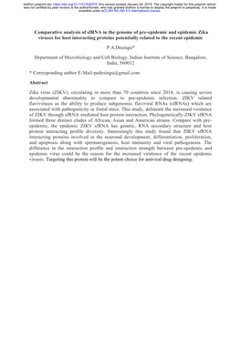 Comparative Analysis of Sfrna in the Genome of Pre-Epidemic and Epidemic Zika Viruses for Host Interacting Proteins Potentially Related to the Recent Epidemic