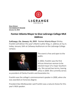 Former Atlanta Mayor to Give Lagrange College MLK Address