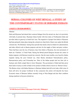 Burma Colonies of West Bengal: a Study of the Contemporary Status of Burmese Indians
