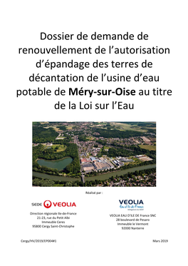 Dossier De Demande De Renouvellement De L'autorisation D'épandage Des Terres De Décantation De L'usine D'eau Potable D