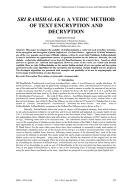 SRI RAMSHALAKA: a VEDIC METHOD of TEXT ENCRYPTION and DECRYPTION Rajkishore Prasad University Department of Electronic Science , B.R.A