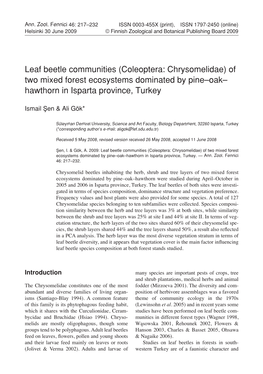 Leaf Beetle Communities (Coleoptera: Chrysomelidae) of Two Mixed Forest Ecosystems Dominated by Pine–Oak– Hawthorn in Isparta Province, Turkey