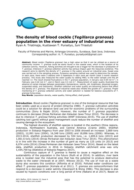 The Density of Blood Cockle (Tegillarca Granosa) Population in the River Estuary of Industrial Area Ryan A