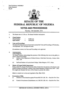 SENATE of the FEDERAL REPUBLIC of NIGERIA VOTES and PROCEEDINGS Thursday, 15Th September, 2011