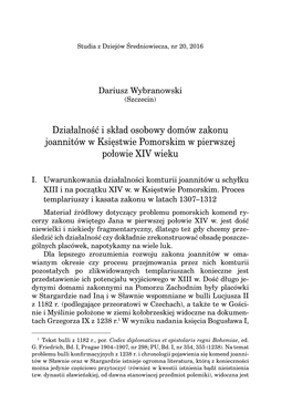 Działalność I Skład Osobowy Domów Zakonu Joannitów... W Księstwie Pomorskim W Pierwszej Połowie Xiv Wiek