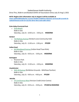 COVID-19 Vaccination Clinics July 31-Aug 3, 2021