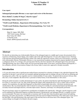 Case Report Subungual Pleomorphic Fibroma: a Case Report and Review of the Literature Pierre Halteh1, Cynthia M Magro2, Shari R