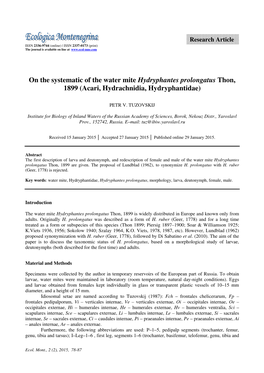 On the Systematic of the Water Mite Hydryphantes Prolongatus Thon, 1899 (Acari, Hydrachnidia, Hydryphantidae)