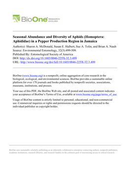 Seasonal Abundance and Diversity of Aphids (Homoptera: Aphididae) in a Pepper Production Region in Jamaica Author(S): Sharon A