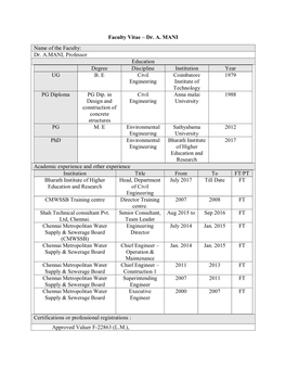 Faculty Vitae – Dr. A. MANI Name of the Faculty: Dr