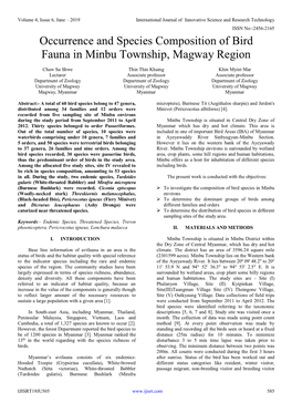 Occurrence and Species Composition of Bird Fauna in Minbu Township, Magway Region