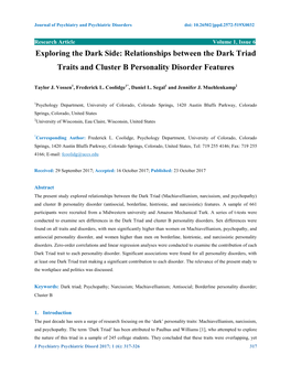 Relationships Between the Dark Triad Traits and Cluster B Personality Disorder Features