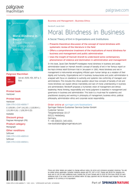 Moral Blindness in Business a Social Theory of Evil in Organizations and Institutions