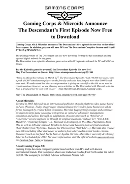 Gaming Corps & Microïds Announce the Descendant's First Episode