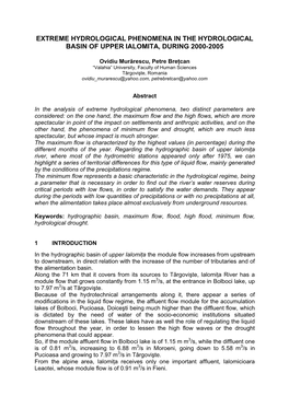 Extreme Hydrological Phenomena in the Hydrological Basin of Upper Ialomita, During 2000-2005