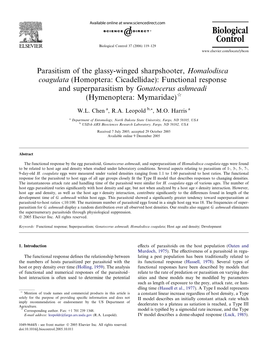 Parasitism of the Glassy-Winged Sharpshooter, Homalodisca Coagulata