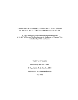 A SYNTHESIS of the LONG TERM CULTURAL DEVELOPMENT of ANCIENT MAYA CENTERS in WEST-CENTRAL BELIZE a Thesis Submitted to the Commi