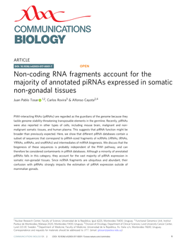 Non-Coding RNA Fragments Account for the Majority of Annotated Pirnas Expressed in Somatic Non-Gonadal Tissues