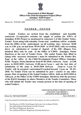 T E N D E R N O T I CE Sealed Tenders Are Invited