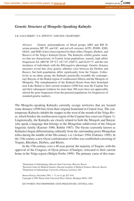 Genetic Structure of Mongolic-Speaking Kalmyks