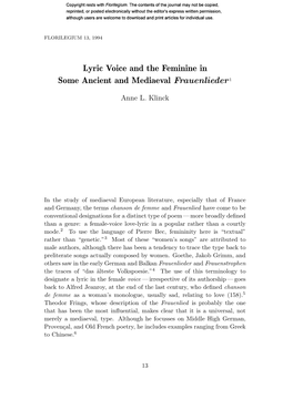 Lyric Voice and the Feminine in Some Ancient and Mediaeval Frauenlieder 1