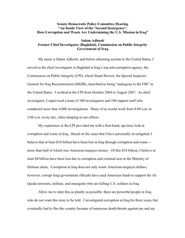 Senate Democratic Policy Committee Hearing “An Inside View of the 'Second Insurgency': How Corruption and Waste Are Underm