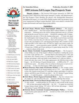 2009 Arizona Fall League Top Prospects Team Phoenix, Arizona — the Arizona Fall League Announces Its 2009 Top Prospects Team