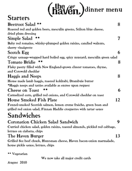 Starters Sandwiches Dinner Menu