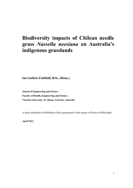 Biodiversity Impacts of Chilean Needle Grass Nassella Neesiana on Australia’S Indigenous Grasslands