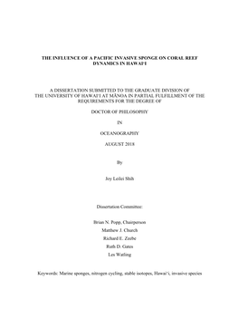 The Influence of a Pacific Invasive Sponge on Coral Reef Dynamics in Hawaiʻi