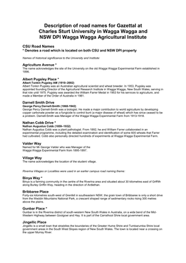 Description of Road Names for Gazettal at Charles Sturt University in Wagga Wagga and NSW DPI Wagga Wagga Agricultural Institute