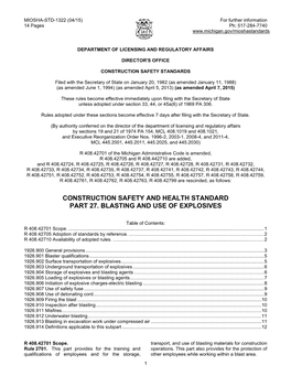 Construction Safety and Health Standard Part 27. Blasting and Use of Explosives