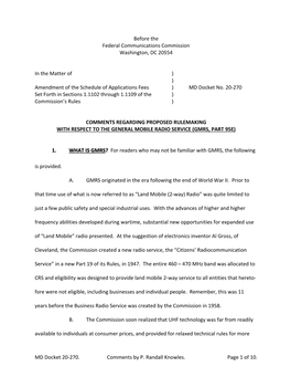 MD Docket 20-270. Comments by P. Randall Knowles. Page 1 of 10. Before the Federal Communications Commission Washington, DC 2055