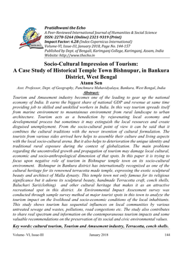 Socio-Cultural Impression of Tourism: a Case Study of Historical Temple Town Bishnupur, in Bankura District, West Bengal Atanu Sen Asst