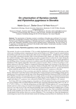 On Urbanisation of Nyctalus Noctula and Pipistrellus Pygmaeus in Slovakia