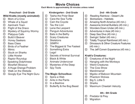 Movie Choices Each Movie Is Approximately 30 Minutes Unless Noted