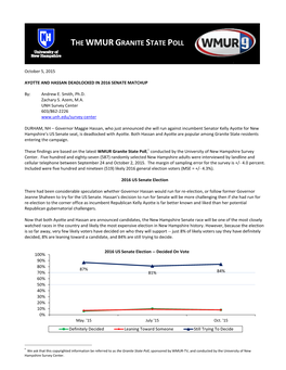 Ayotte and Hassan Deadlocked in 2016 Senate Matchup 10/5/15