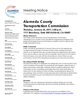 Alameda County Transportation Commission Thursday, January 26, 2017, 2:00 Pm 1111 Broadway, Suite 800 Oakland, CA 94607