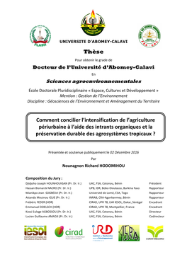 Thèse Pour Obtenir Le Grade De Docteur De L’Université D’Abomey-Calavi En Sciences Agroenvironnementales