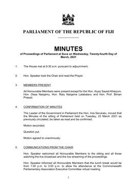 MINUTES of Proceedings of Parliament at Suva on Wednesday, Twenty-Fourth Day of March, 2021