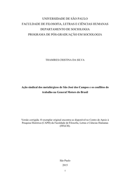 Universidade De São Paulo Faculdade De Filosofia, Letras E Ciências Humanas Departamento De Sociologia Programa De Pós-Graduação Em Sociologia