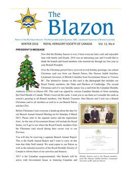 WINTER 2016 ROYAL HERALDRY SOCIETY of CANADA Vol. 11, No.4