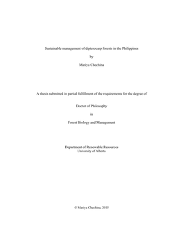 Sustainable Management of Dipterocarp Forests in the Philippines by Mariya Chechina a Thesis Submitted in Partial Fulfillment Of