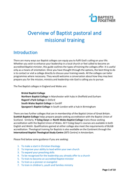 Overview of Baptist Pastoral and Missional Training