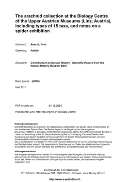 The Arachnid Collection at the Biology Centre of the Upper Austrian Museums (Linz, Austria), Including Types of 15 Taxa, and Notes on a Spider Exhibition