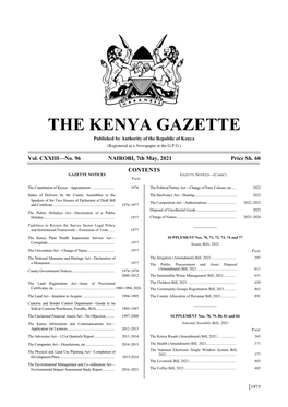 THE KENYA GAZETTE Published by Authority of the Republic of Kenya (Registered As a Newspaper at the G.P.O.)