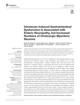 Irinotecan-Induced Gastrointestinal Dysfunction Is Associated with Enteric Neuropathy, but Increased Numbers of Cholinergic Myenteric Neurons
