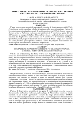 Interazioni Tra Funghi Micorrizici E Phytophthora Cambivora Agente Del Mal Dell’Inchiostro Del Castagno