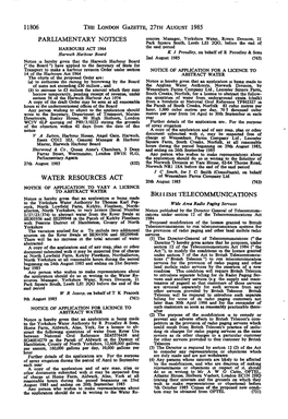 THE LONDON GAZETTE, 27TH AUGUST 1985 PARLIAMENTARY NOTICES WATER RESOURCES ACT Bklllsh TELECOMMUNICATIONS